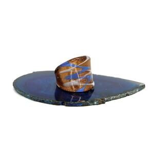 1970's Handblown White and Blue Swirl on Gold Glitter Glass Ring